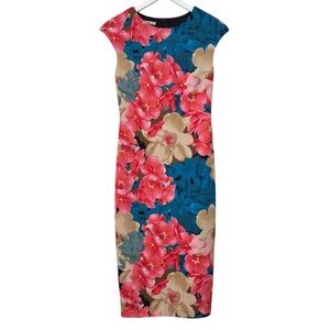 Maggy London Blue Coral Pink Floral Sheath Dress Size 4 Womens
